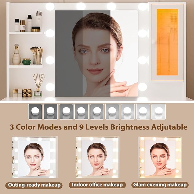 Vanity Desk with Mirror and Lights, Large 43" White Makeup Vanity Desk with 9 Drawers and Power Outlet, 3 Open Shelves and 1 RGB Lighting Cabinet, White and Gold