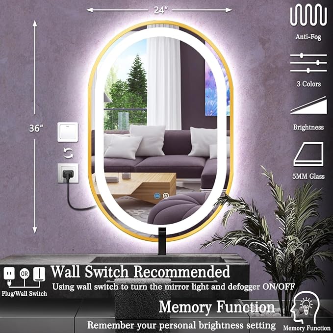 24 x 36 Inch Gold Oval LED Vanity Mirror with Lights Smart Memory 3 Color Dimmable Anti-Fog 36" Gold Framed Oval Lighted Mirror for Bathroom Salon Wall LED Ovals Mirror with Lights Frame