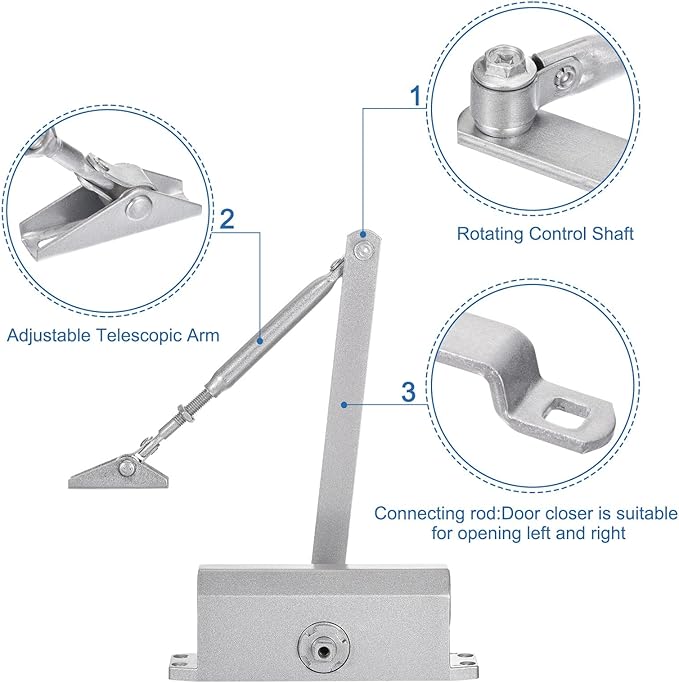 MECCANIXITY Door Closer Automatic Door Closer for 65-85kg Outdoor Internal Metal Wooden Doors,90D Medium Duty Spring Hydraulic Auto Door-Closer Automatic Adjustable Closer(Silver,Aluminum)