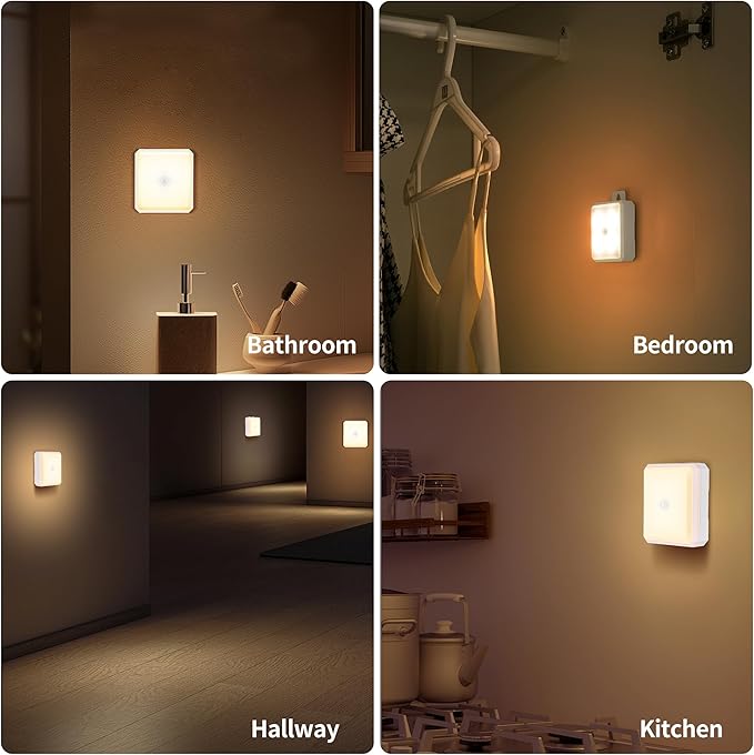 Motion Sensor Night Light Indoor - Cordless Battery Powered Under Cabinet Lighting, Stick-on Magnet LED Closet Lights, Safe Light for Stairs, 4000K Nightlight 3-Pack (White)