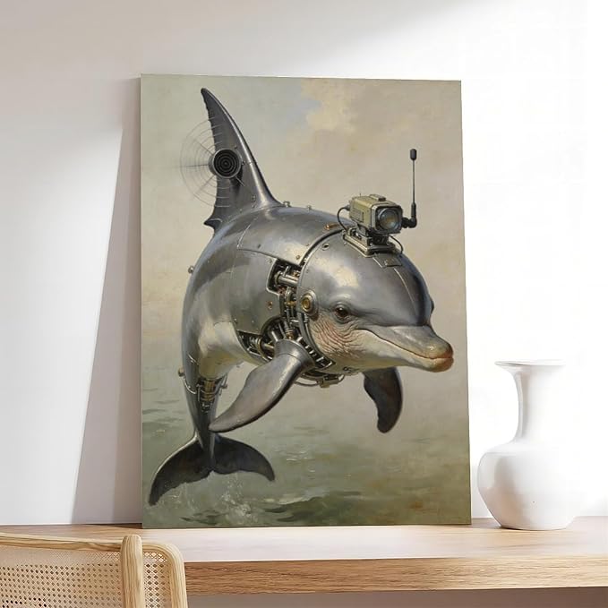 Framed Steampunk Mechanical Dolphin Wall Art - Marine Retro-Futuristic Poster for Beach House Living Room Decor 20x30inch(50x75cm)