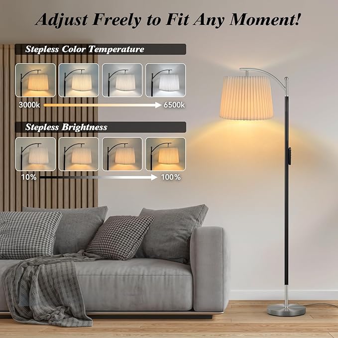 Etto Modern Dimmable Floor Lamp with Fabric & Pleated Shades, Remote & Touch Control, Adjustable Brightness & Color Temperatures, Tall Standing Lamp for Living Room Bedroom Office (Black Nicke)