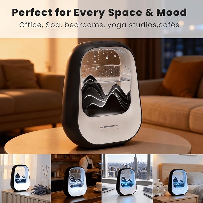 Rain Drop White Noise Machine with Realistic Rain Sounds – Sleep Therapy Humidifier, Bluetooth Speaker, Ambient Light & Aroma Diffuser for Bedroom Relaxation, Meditation & Stress Relief (Black)