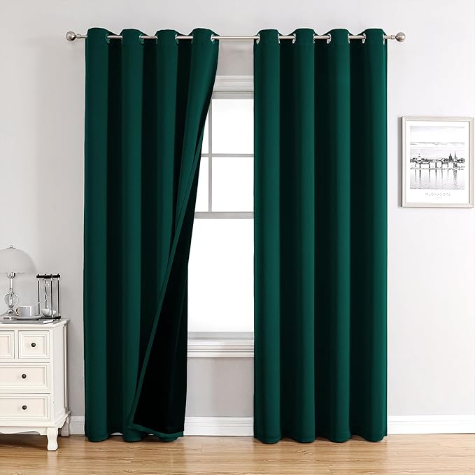ChrisDowa 100% Blackout Curtains for Bedroom with Black Liner, 2 Thick Layers Total Blackout Thermal Insulated Grommet Long Window Curtains 2 Panels Set (Forest Green, 52 x 95 Inch)