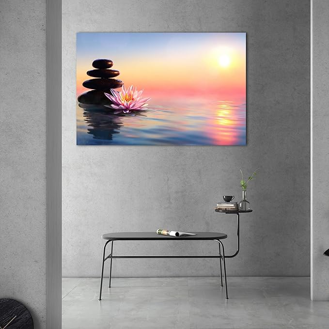 Zen Wall Art Decor, Modern Bathroom Zen Decor Wall Art, Large Canvas Wall Art for SPA Zen Room Decor, Pink Lotus Flower and Pebble Relaxing Zen Art Prints for Office & SPA Wall Decor 28x40 Inches