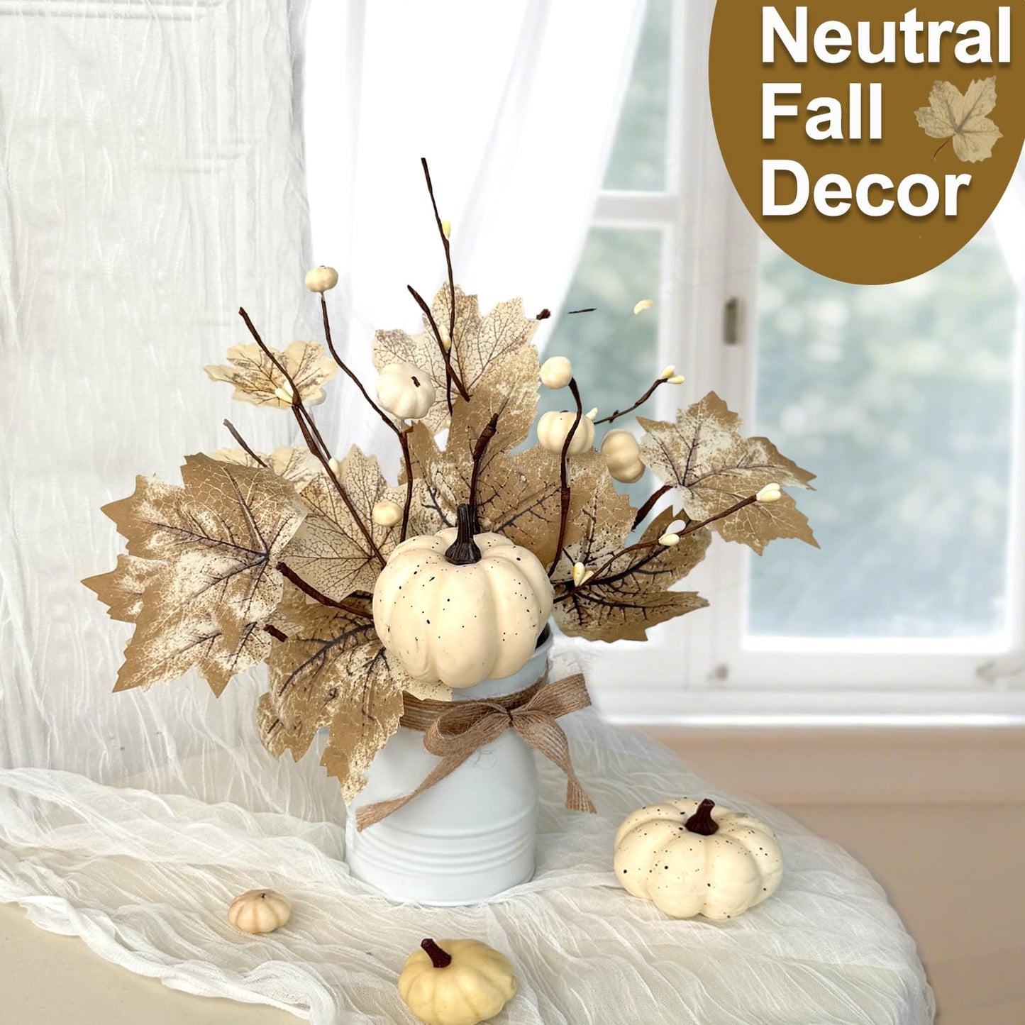 2 Pack 12" Thanksgiving Decorations Thanksgiving Centerpieces for Dinner Table Potted White Maple Arrangement in Metal Pot White Pumpkin Berried Autumn Thanksgiving Table Decor for Home Kitchen Office"