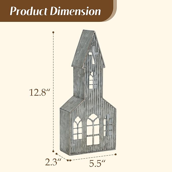 Church Shaped Tea Light Candle Holder Farmhouse Galvanized Metal Candle Holder Vintage Decorative Tealight Holder for Table Centerpiece Decoration - 5.51" x 2.36" x 12.8"