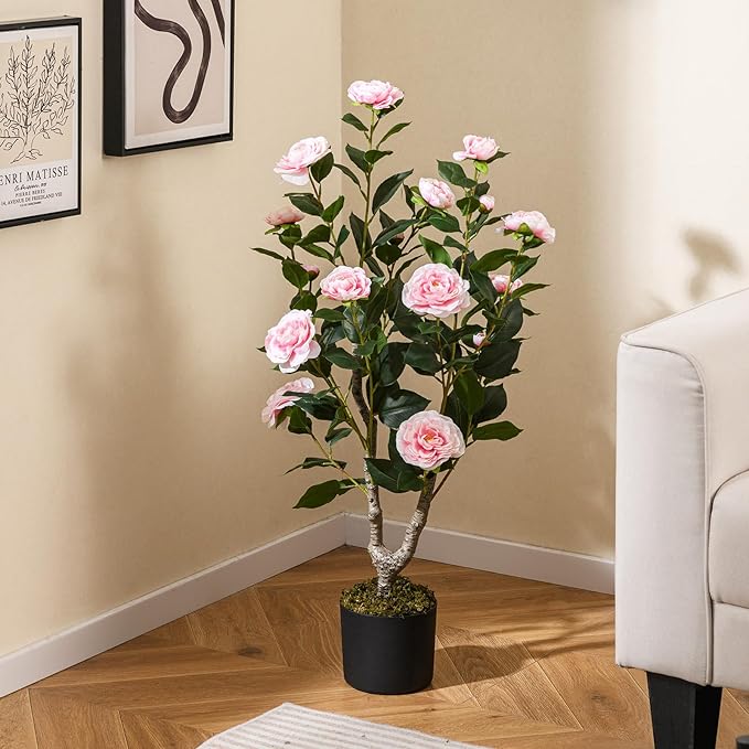 GOFLAME 3FT Artificial Camellia Tree, 2 Pack Faux Camellia Plant with Pink Flowers, Solid Wood Trunk, Realistic Moss, Greenery Potted Decoration Tree for Indoor Outdoor Home Porch Front Door