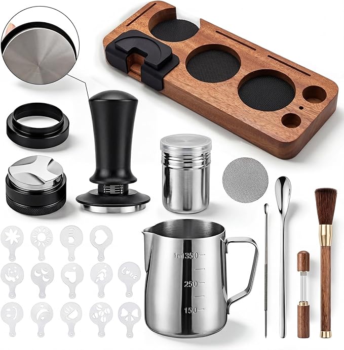 28-Piece 51mm Espresso Accessories Kit, Espresso Machine Tools with Wood Tamping Station, Tamper, Distributor, WDT Tool, Dosing Funnel, Milk Frothing Pitcher & Latte Art Set