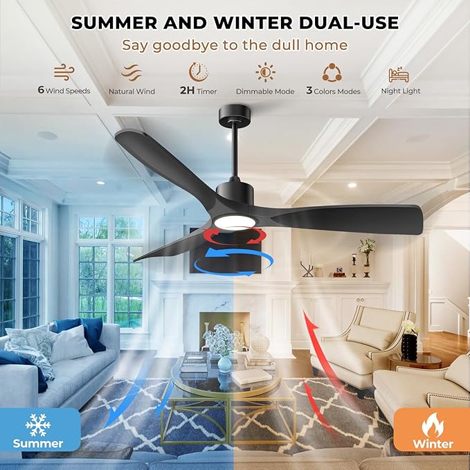 Modern Smart Ceiling Fan with Light and Remote Control, 52 inch Black 3 Blade for Bedroom, Living Room and Patios