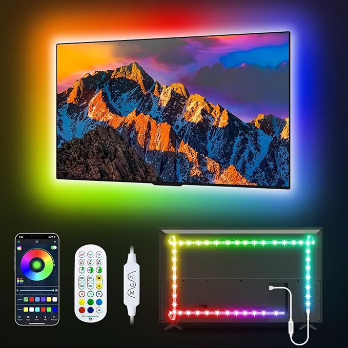 Daymeet LED Lights for TV, 9.8FT TV Led Backlight Behind Lights for 32-60inch USB Led Light Strip Glow RGBICW Color Changing Sync with Music Bluetooth APP Control Led Lighting for Bedroom