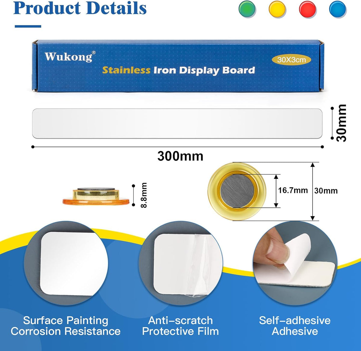 Wukong 8 Pack | 30x3cm(11.81 x 1.18) Magnetic Stainless White Boards Strips, Adhesive Backing Bulletin Bar Board, Memo Board with 32Pcs Colorful Magnets for Office, Home, Photo Wall, Documents