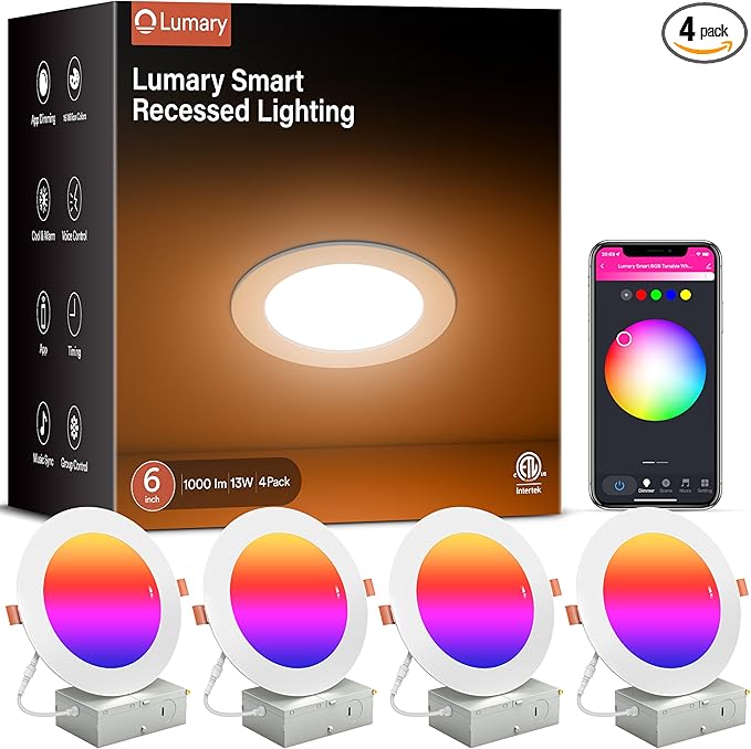 Lumary Smart Recessed Lighting 6 Inch, Canless LED Recessed Lights 13W 1000LM, RGBWW Color Changing LED Downlight with J-Box, Compatible with Alexa & Google Assistant, BT Remote, ETL Listed, 4 Pack