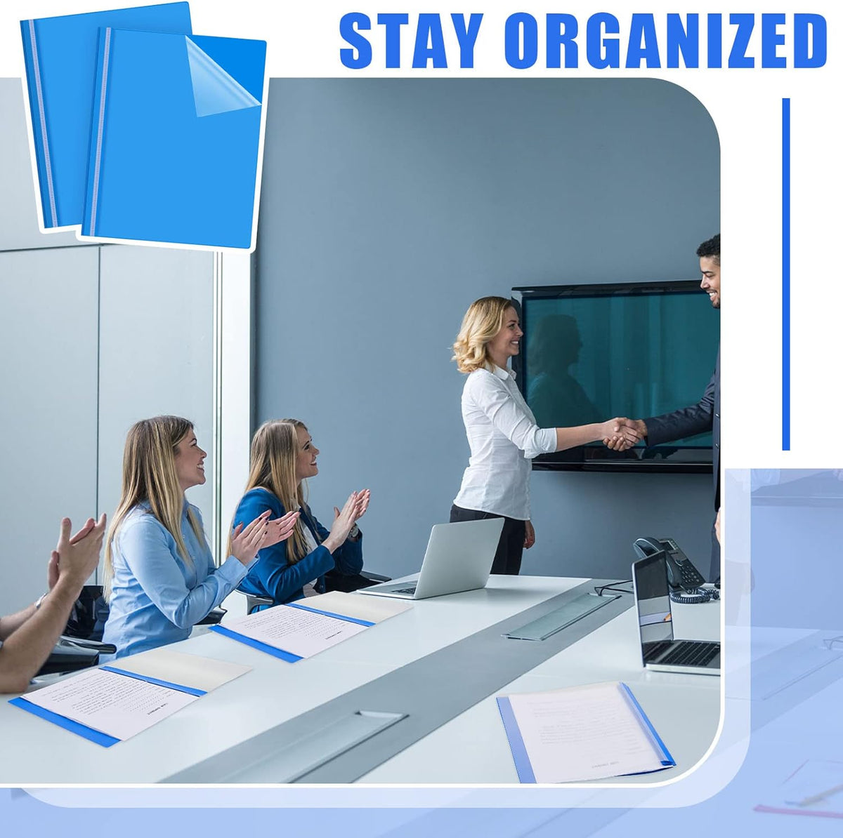 Teling 48 Pcs Clear Front Report Covers with Prongs Plastic Presentation Folders 3 Prong Resume Portfolio Folder for School(Blue)