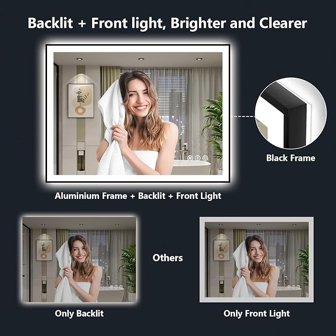 55x30 Inch LED Bathroom Mirror with Lights (Front Lit and Backlit) Black Framed Lighted Vanity Mirror for Bathroom Wall Dimmable Anti-Fog Memory Tempered Glass Horizontal/Vertical