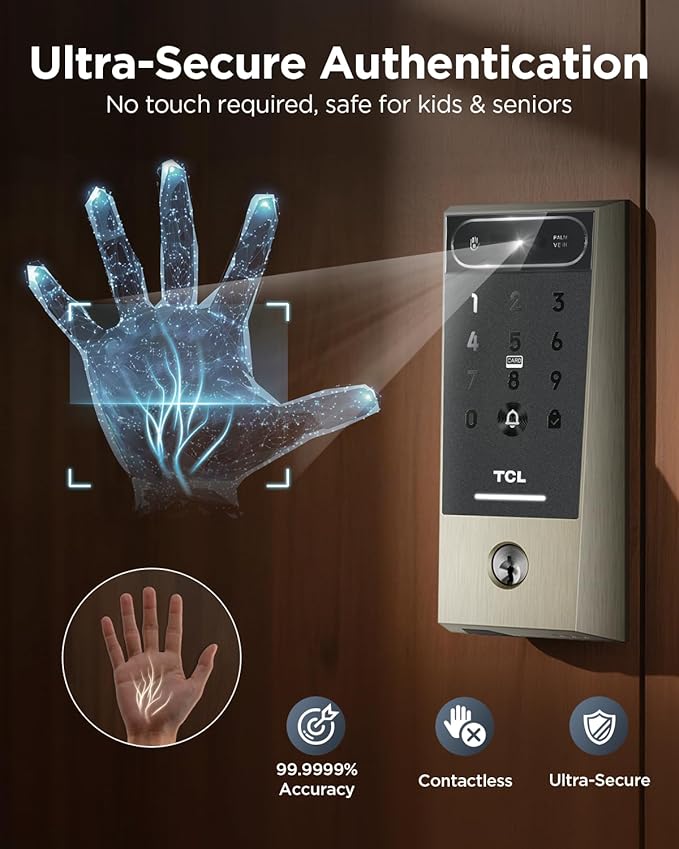 TCL D2 Pro Smart Lock with Palm Vein Recognition, Keyless Entry Door Lock for Front Door, Wi-Fi Keypad Deadbolt, App Remote Control, Auto Lock, Rechargeable Battery, Compatible with Alexa & Google