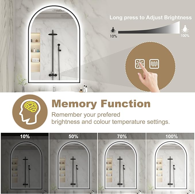 S'bagno 24x36 Arched Black LED Mirror for Bathroom with Frontlit & Backlit, LED Bathroom Mirror with Metal Frame, Anti-Fog, Stepless Dimmable, 3 Color Temperature Vanity Mirror
