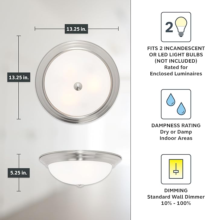 DESIGNERS FOUNTAIN Reedley 2-Lights Flush Mount Ceiling Light, 13 Inch Lighting Fixture for Kitchen, Bedroom, Bathroom, and Hallway, Satin Platinum with Etched Glass, 1257M-SP-W