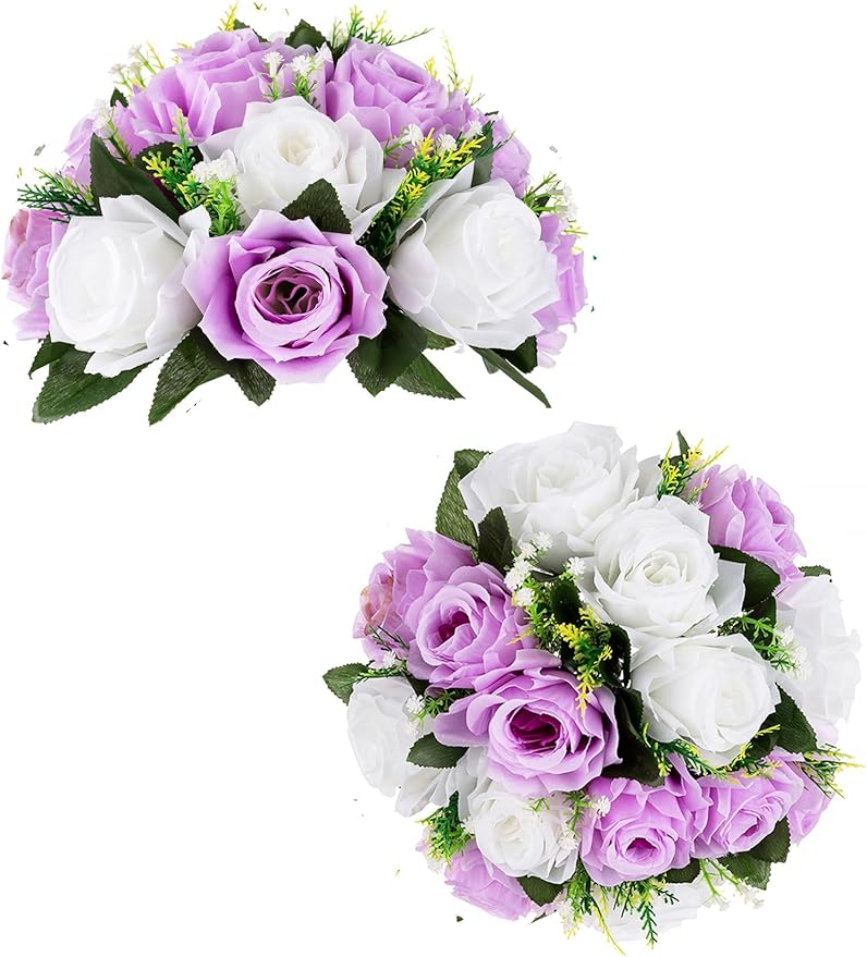 BLOSMON Lilac Purple Flowers Artificial: 2 Pcs Fake Roses Flower Balls Centerpiece for Wedding Table Decoration- Artificial Silk Kissing Bouquet Floral Arrangement for Home Party Event Decor