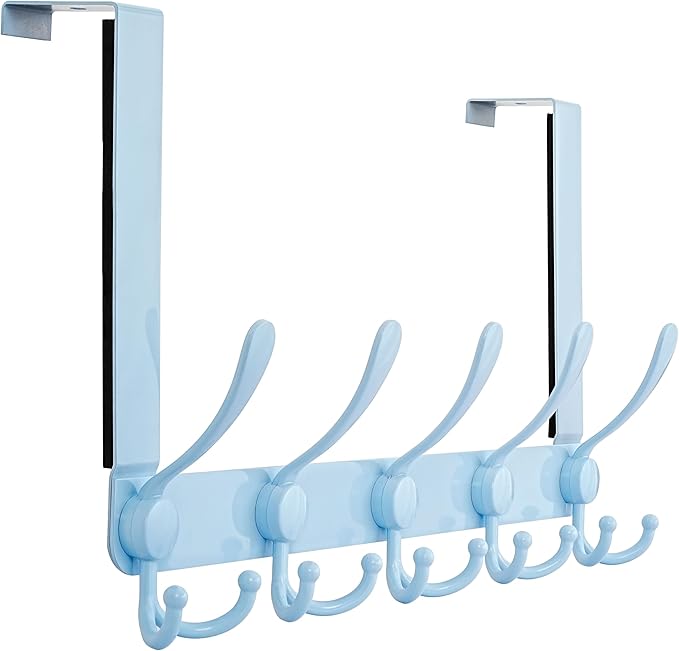 Dseap Over The Door Hook Hanger - Fits 1 3/8" to 1 3/4" Standard Doors | 5 Tri Hooks Heavy Duty Towel/Coat Rack | Door Organizer for Clothes, Jackets, Hats, Towels, Blue