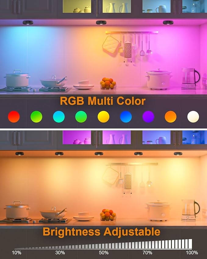 WILLED Under Cabinet Lighting Wireless,RGB Rechargeable Puck Lights with Remote Control,Battery Touch Tap Light with Timer Function,Stick On LED Lights for Kitchen,Cabinet,Counter,Closet,Shelf,6 Pack