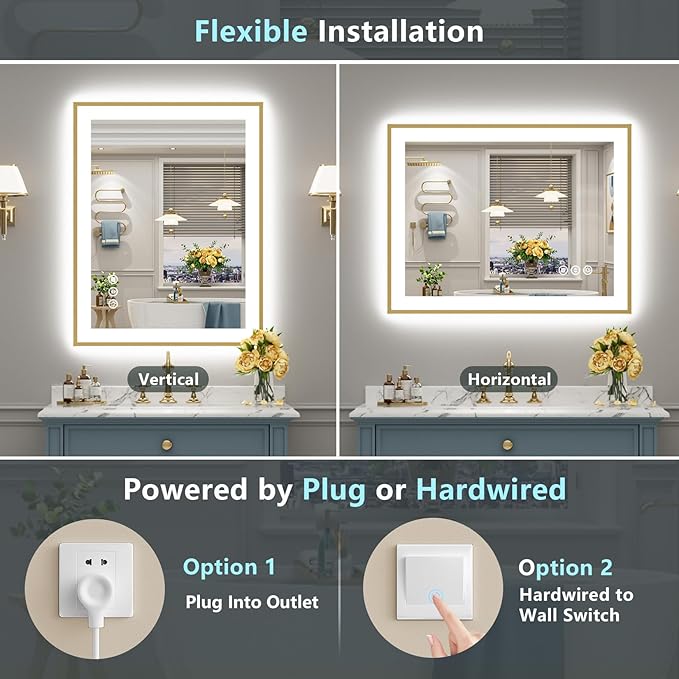 28x36 Gold LED Bathroom Mirror with Lights, Brushed Gold Framed Backlit and Front Lit Anti-Fog Lighted Vanity Mirrors for Bathroom Wall, Dimmable, 3 Colors, Memory, HD Tempered Glass, CRI＞90