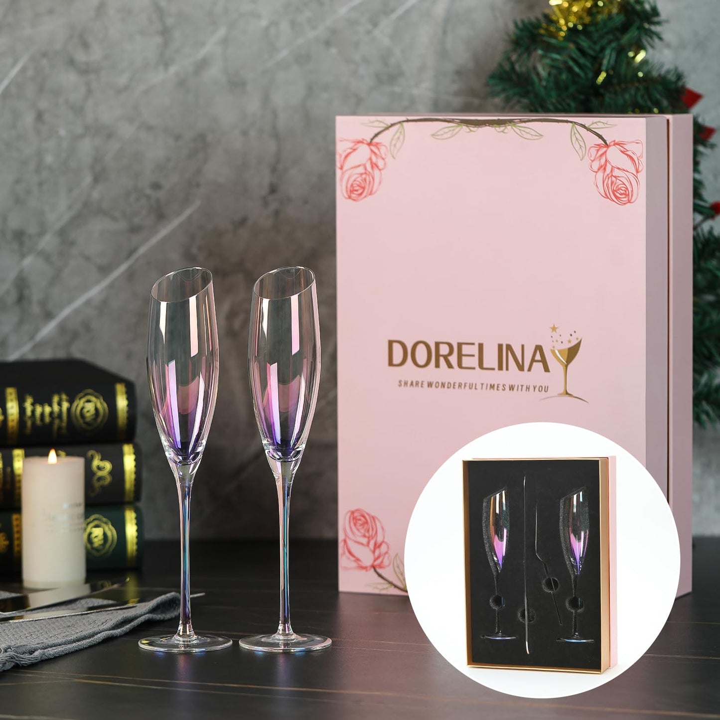 DORELINA Bride and Groom Champagne Glasses Set of 2,Wedding Gifts for Couples 2025, Iridescent Crystal Wedding Champange Flutes and Cake Server Sets Engagement Newlyweds-6oz