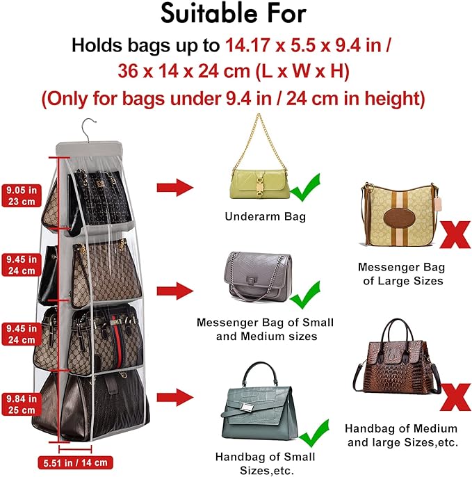Lirex 8-Pocket and 6-Pocket Hanging Purse Organizer Bundle, Minimalist Style, Hanging Handbag Organizer for Closet, Grey
