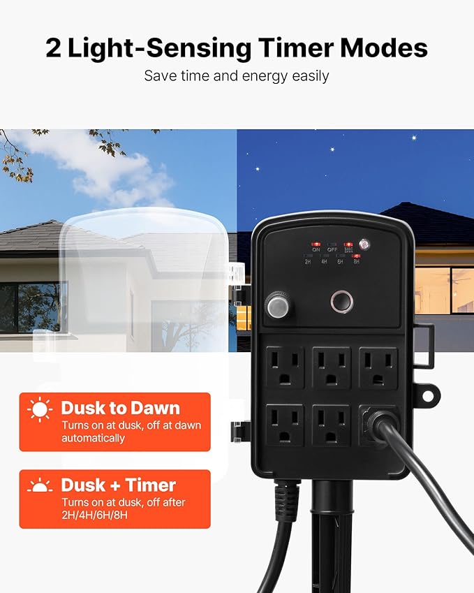 VEVOR Outdoor Power Stake Timer, 100FT Extension Cord, Remote Control Outdoor Power Strip with Cover, Dusk to Dawn Light Timer Waterproof, 6 Outlets for Halloween Christmas Lights, Garden Decorations