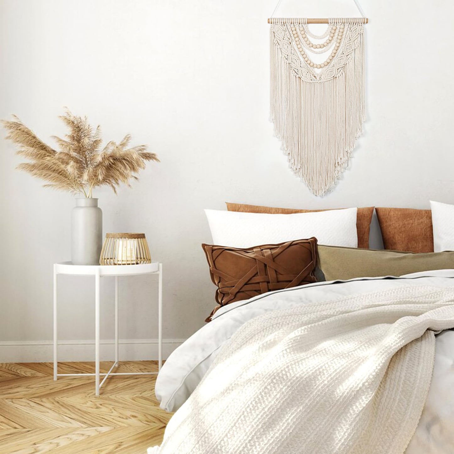 LOMOHOO Macrame Wall Hanging Boho Handmade Geometric Woven Tapestry Bohemian Wall Art Decor with Chic Wooden Beads Home Decor for Bedroom Living Room Apartment Dorm Gallery Wedding 16.5"x30"""
