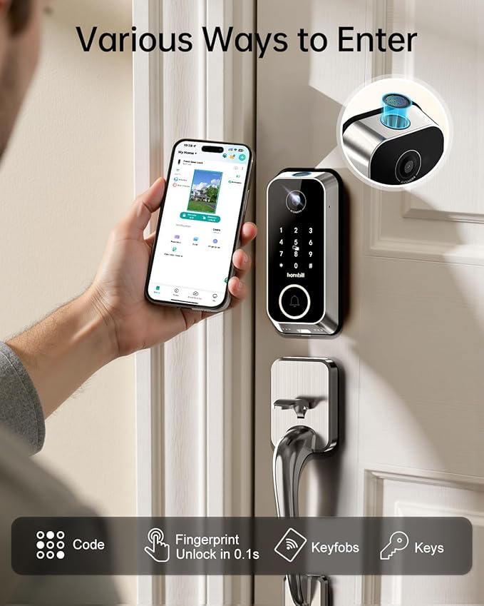 Smart Front Door Lock Sets: 2K HD Camera Lock with Doorbell Kits, Hornbill Fingerprint Keyless Entry Door Lock with Handles, WiFi Deadbolt(only 2.4G) for Remote Control, APP/Alexa/PIR,Satin Nickel