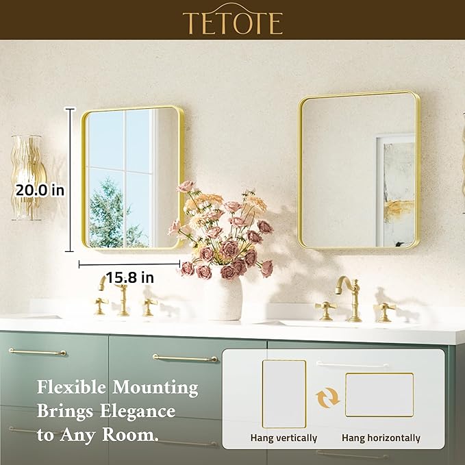 TETOTE Gold Bathroom Mirror 16 x 20 Inch Brushed Gold Metal Framed Vanity Mirror, Tempered Glass, Wall Mounted for Bathroom, Entryway, Bedroom, Living Room(Horizontal/Vertical)