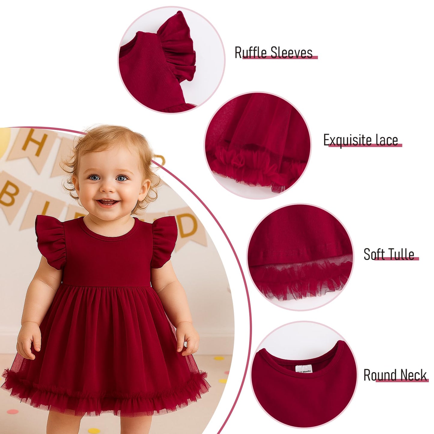 TENTIDE Baby Girl Butterfly Dress Tutu Ruffle Sleeveless Dresses Photograph Party Outfits Birthday Gift(6-12 Months,Red)