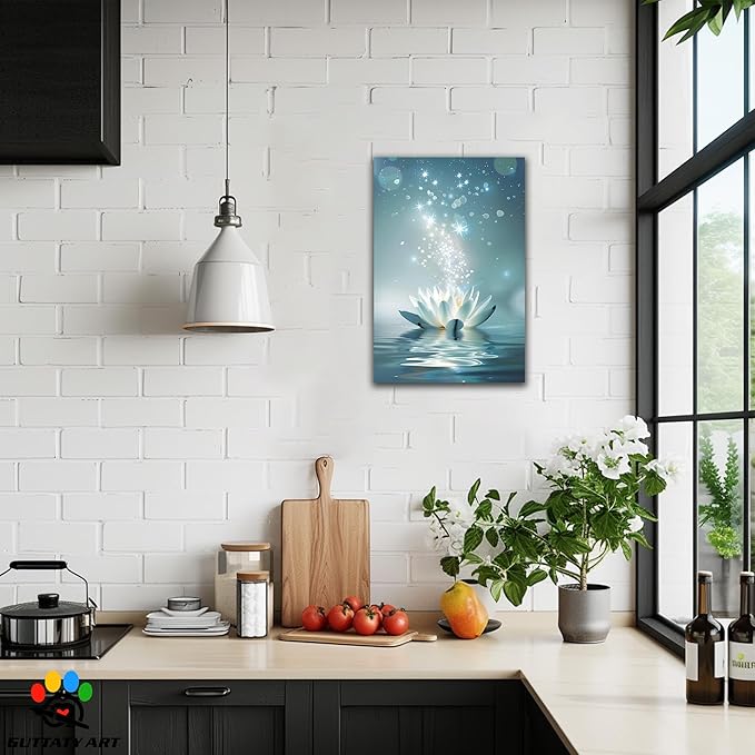 Zen White Lotus Flower Canvas Wall Art, Lotus Floral Pictures Wall Print, Spiritual Water Lily Canvas Prints, Lotus Bloom on Water Poster, Zen Meditation Spiritual Artwork for Yoga Spa Room 32x48 inch