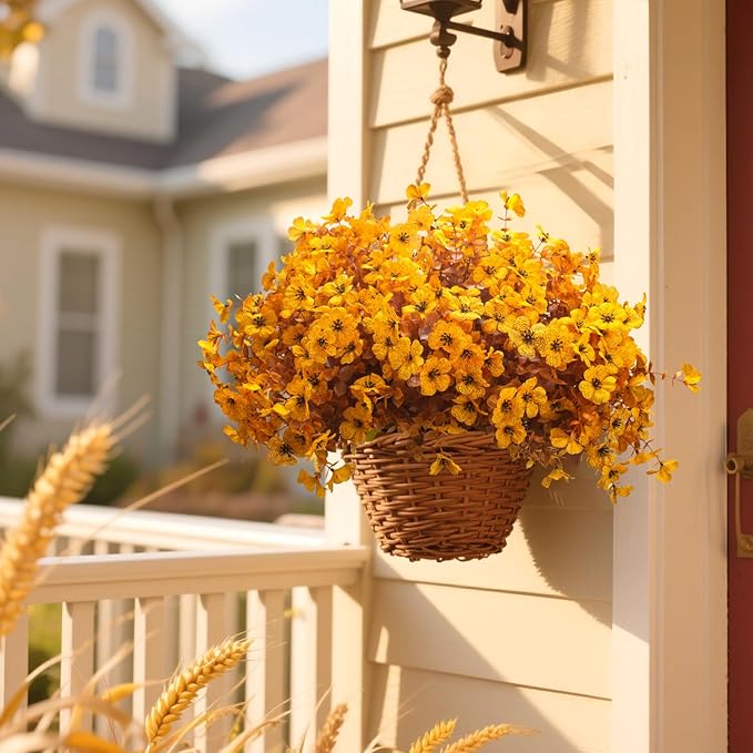 16 Bundles Artificial Fall Mums Outdoor UV Resistant, Fake Silk Plants No Fade Faux Greenery for Garden Porch Patio - Autumn Thanksgiving Christmas Home Decor (Fall Yellow)