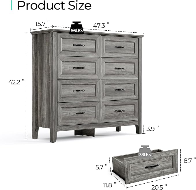 LINSY HOME Farmhouse 8-Drawer Dresser - Grey Chest of Drawers for Bedroom and Living Room Organization, Wood Dresser with Ample Storage Space and Rustic Charm