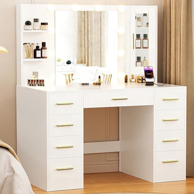 Vanity Desk with Mirror and Lights, Large 43" Makeup Vanity Desk with 9 Drawers and Power Outlet, 3 Open Shelves, White and Gold