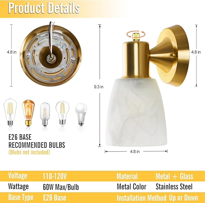 Wall Sconces Set of 2, Gold Vanity Lights for Bathroom, Modern Wall Light Fixtures with Rotary Switch, Wall Mount Light with Frosted Glass, Farmhouse Lamp for Bedroom Living Room
