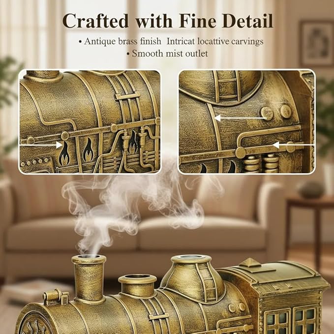 Train Humidifier with Essential Oil Diffuser - 300ML Large Capacity Ultrasonic Dual Mist Output, 4Color LED Night Light with Remote Control, Auto-Off, Ultra Quiet for Bedroom Office Desk (Copper)