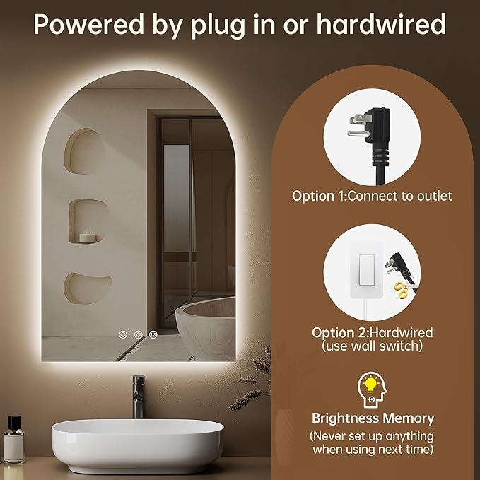 Arched Backlit Mirror Bathroom 24"x36"- Frameless LED Bathroom Mirror with Lights, Fogless, Dimmable, 3 Color Changing, Shatterproof, Touch Sensor
