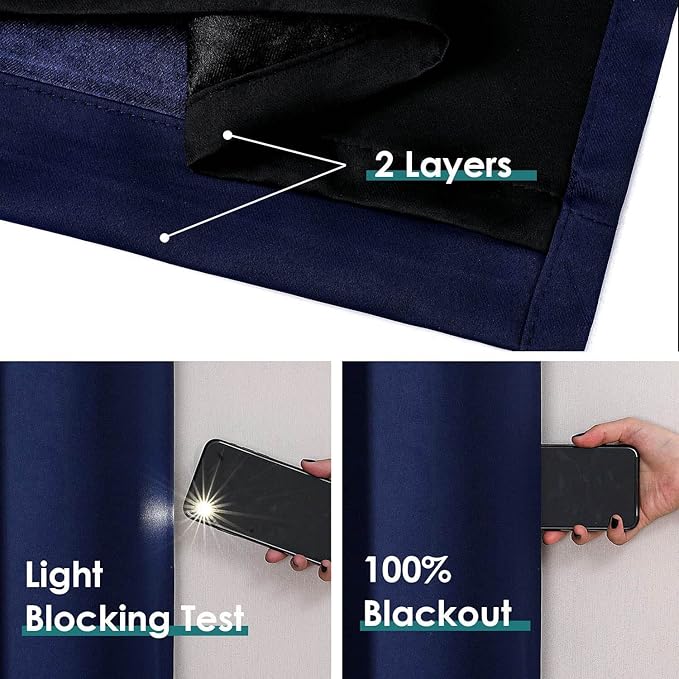 ChrisDowa 100% Blackout Curtains for Bedroom with Black Liner, 2 Thick Layers Total Blackout Thermal Insulated Grommet Window Curtains 2 Panels Set (Navy Blue, 52 x 63 Inch)