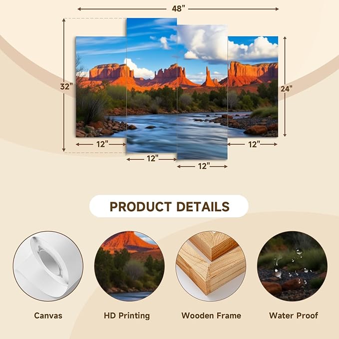 Canvas Wall Art Prints Pictures Cathedral Rock Sedona Framed Posters Modern Wall Painting Artwork Gift Home Decor for Living Room Ready to Hang 4 Panel
