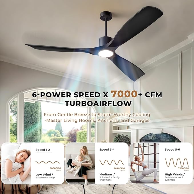 60" Smart Ceiling Fan with Lights,Outdoor Ceiling Fan 3 Blade,Compatible with Alexa/Gg/App/Remote,3-Color Light 6-Speed Quiet Reversible DC Motor for Patio,Black