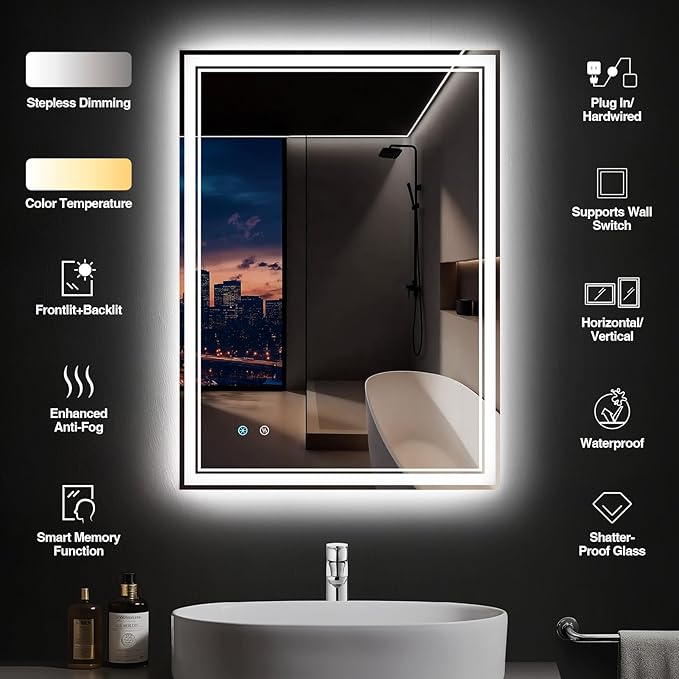 28"x 36" LED Bathroom Mirror with Anti-Fog, Dimmable Backlit + Front Lit, LED Bathroom Vanity Mirror for Wall, Memory Function, Shatter-Proof Glass, ETL Listed(NHYJ7922D)