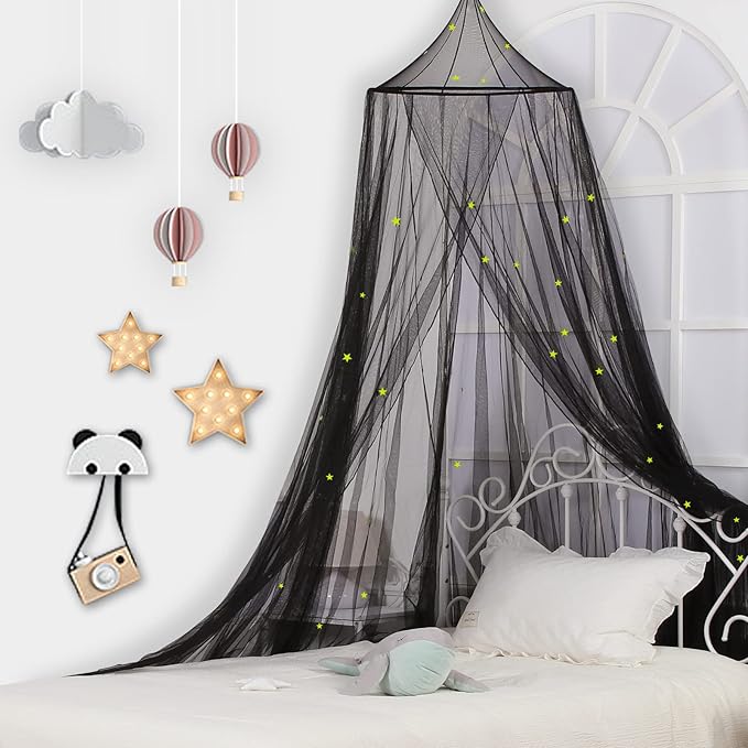 South to East Bed Canopy with Glowing Stars in The Dark, Black Bed Curtains for Kids & Toddler Beds, Twin, Full & Queen, Mosquito Net Canopy for Adult Bedrooms, Easy to Install