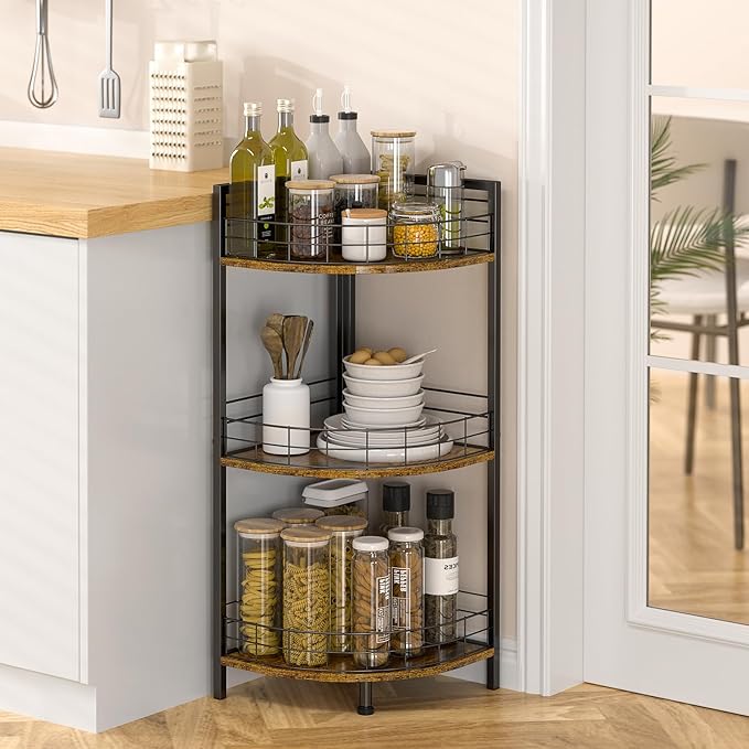 DAOUTIME Bathroom Standing Shelf, 3 Tier Corner Stand, Free-Standing Shelf Units, Triangular Curved Corner Shelf Stand for Small Space, Ideal for Bathroom,Kitchen,Vanity Storage and Organizer