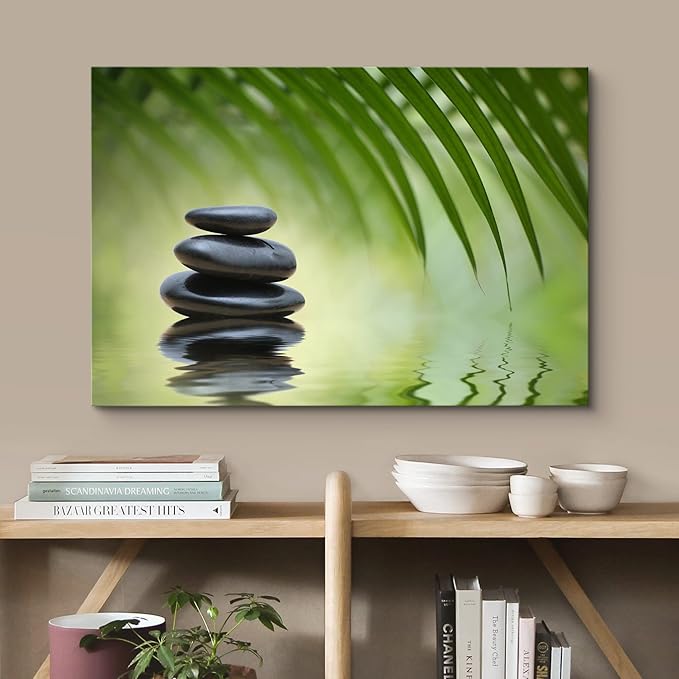 wall26 Canvas Print Wall Art Black Rocks on Seren Green Tropical Lake Floral Nature Photography Realism Bohemian Scenic Relax/Calm Cool for Living Room, Bedroom, Office - 12"x18"