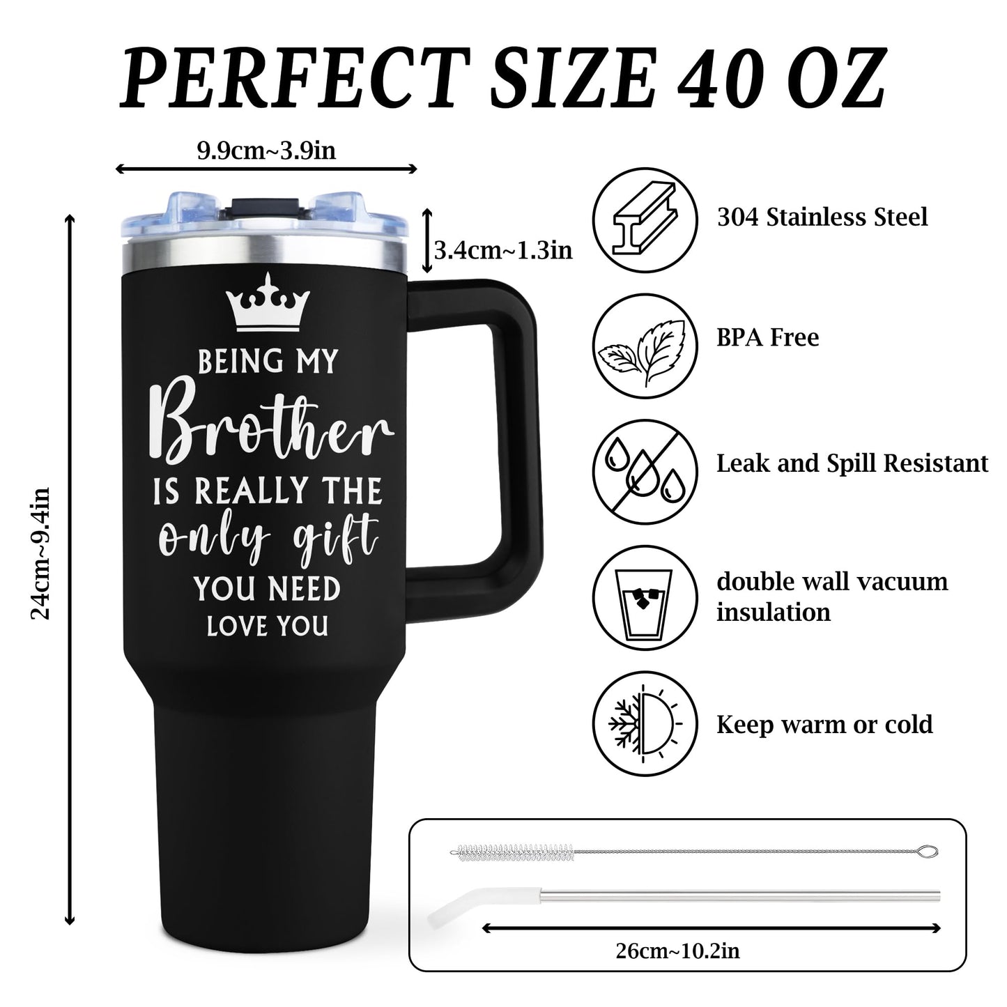 Joyloce Gifts for Brother Adult, Big Brother Gift for Boy from Sister, 1 Pc 40oz Tumbler with Handle for Birthday Christmas