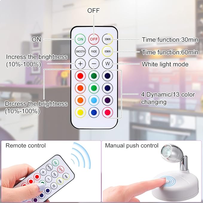 Hortsun 6 Pieces Battery Operated Spotlights Indoor LED Wireless Spotlight Indoor 13 Color up Lights with Rotatable Light Head Stick on Wall Hallway for Painting Picture Artwork Closet(White)