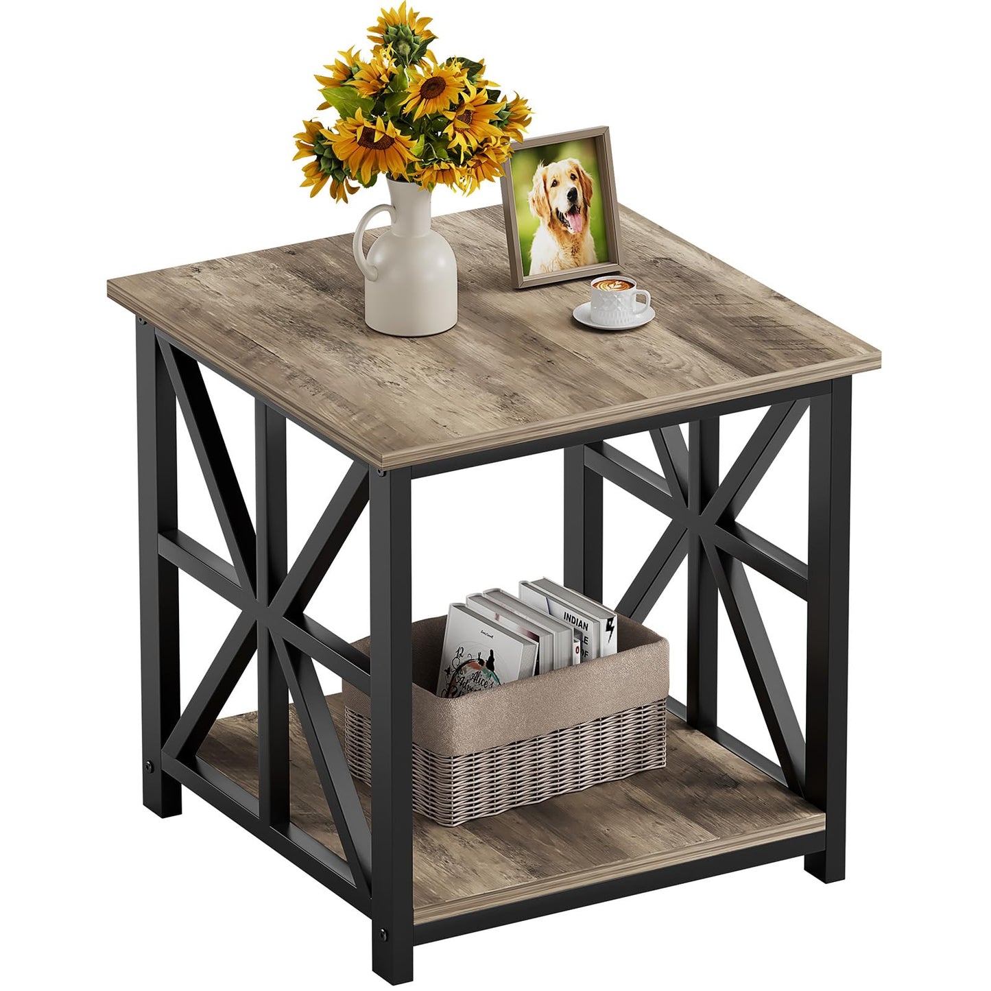 GreenForest Side Table, 50cm End Table with 2-Tier Storage Shelf, Square Small Bed Side Table for Living Room, Farmhouse Sofa Nightstand for Bedroom Office, Grey Wash
